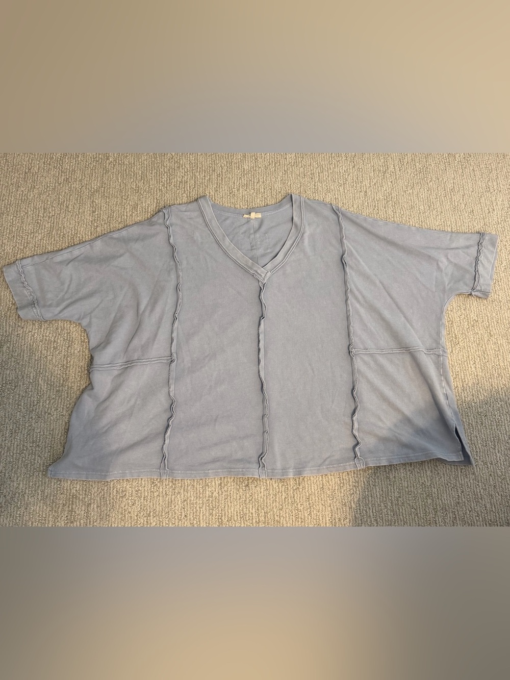 Easel Light Blue V-Neck Women’s Oversized Shirt with Seam Detail